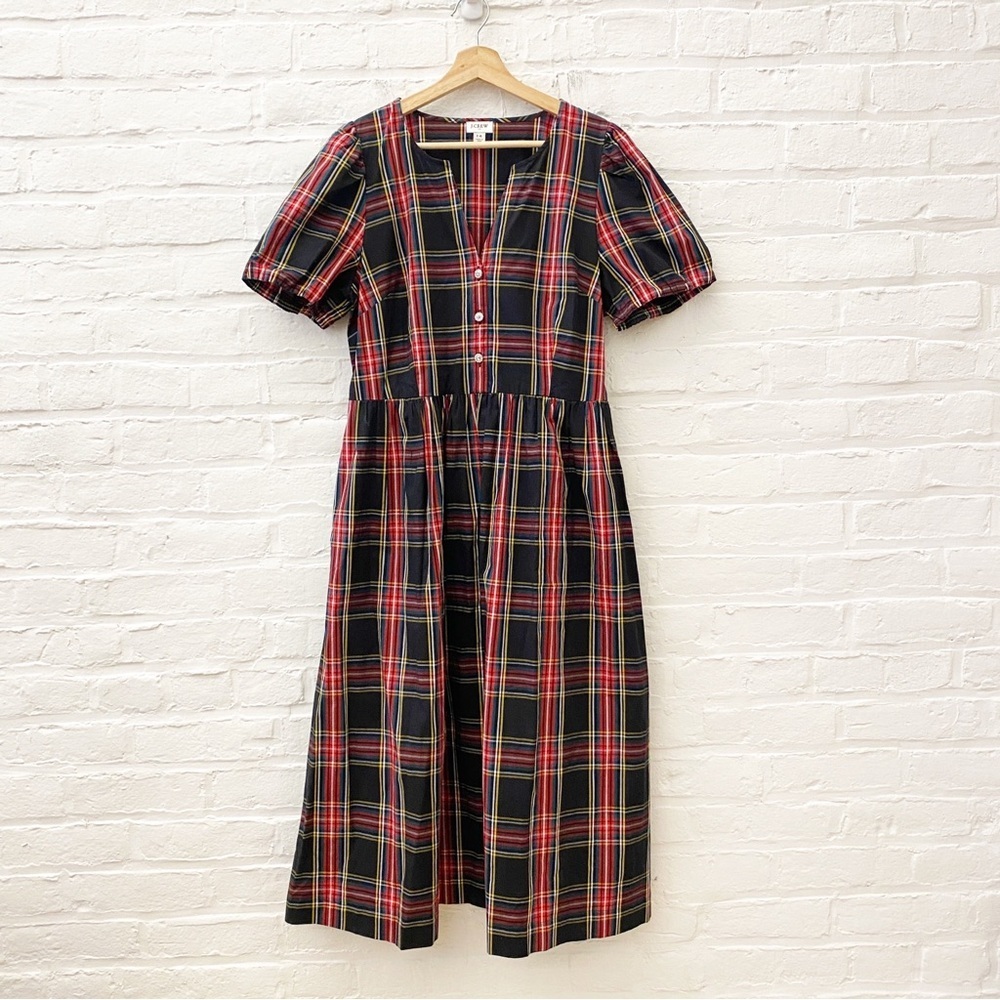 J.Crew || Stewart Tartan Puff-Sleeve Midi Dress With Jeweled Buttons Black 14‎